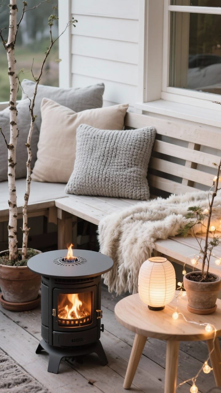 Cozy corner closeup of Scandinavian hygge: compact outdoor stove or tabletop bio-ethanol fireplace flickering, chunky knit throws and oversized square cushions in oatmeal and fog gray. Pale slatted bench draped with sheepskin-style faux throws, light oak side table, paper lantern string lights emitting warm glow. Small potted birch saplings add Nordic woodland vibe.