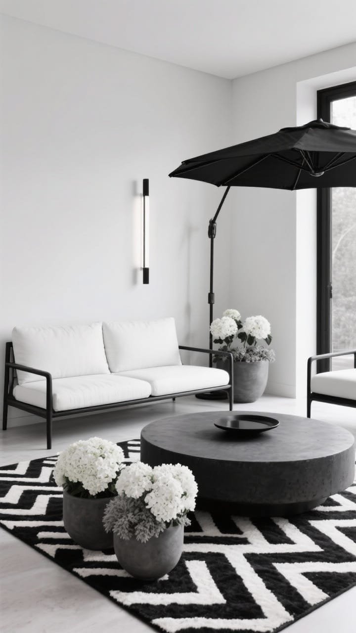 Crisp monochrome lounge, straight-on medium shot: black aluminum frame sofa with white performance cushions, round black concrete coffee table, black-and-white geometric rug. Matte charcoal planters with white hydrangeas or dusty miller softening contrast. Linear wall lights and a slim black cantilever umbrella, clean graphic look, no people.