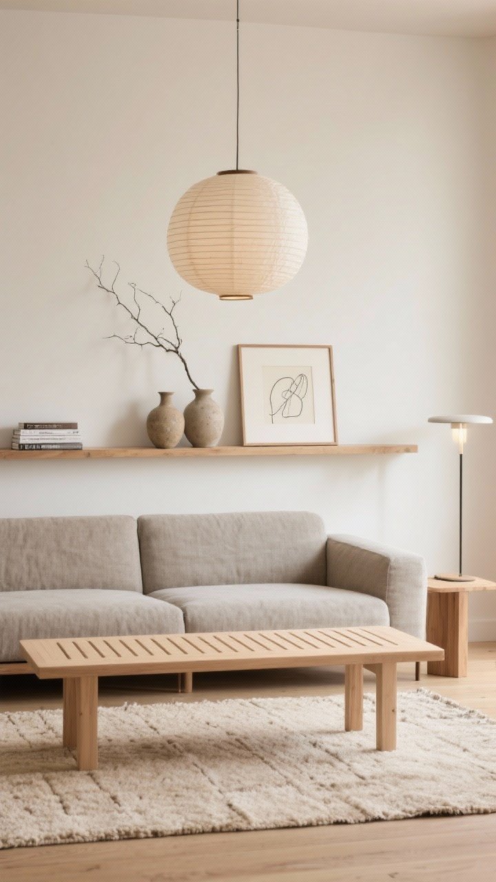 Detail closeup, low angle: Japandi calm vignette featuring a pale ash slat bench used as a coffee table on an oatmeal flatweave wool rug. Behind, a low-profile stone-colored linen sofa against warm white walls. A long floating shelf with restrained styling: stoneware vases, a single delicate branch, and a small stack of design books with framed line art leaning softly. Lighting includes a rice-paper globe pendant diffusing soft light and a minimalist LED floor lamp off to the side. A slide-under side table tucked near the sofa arm. Photorealistic, quiet textures and natural materials, serene daytime light.