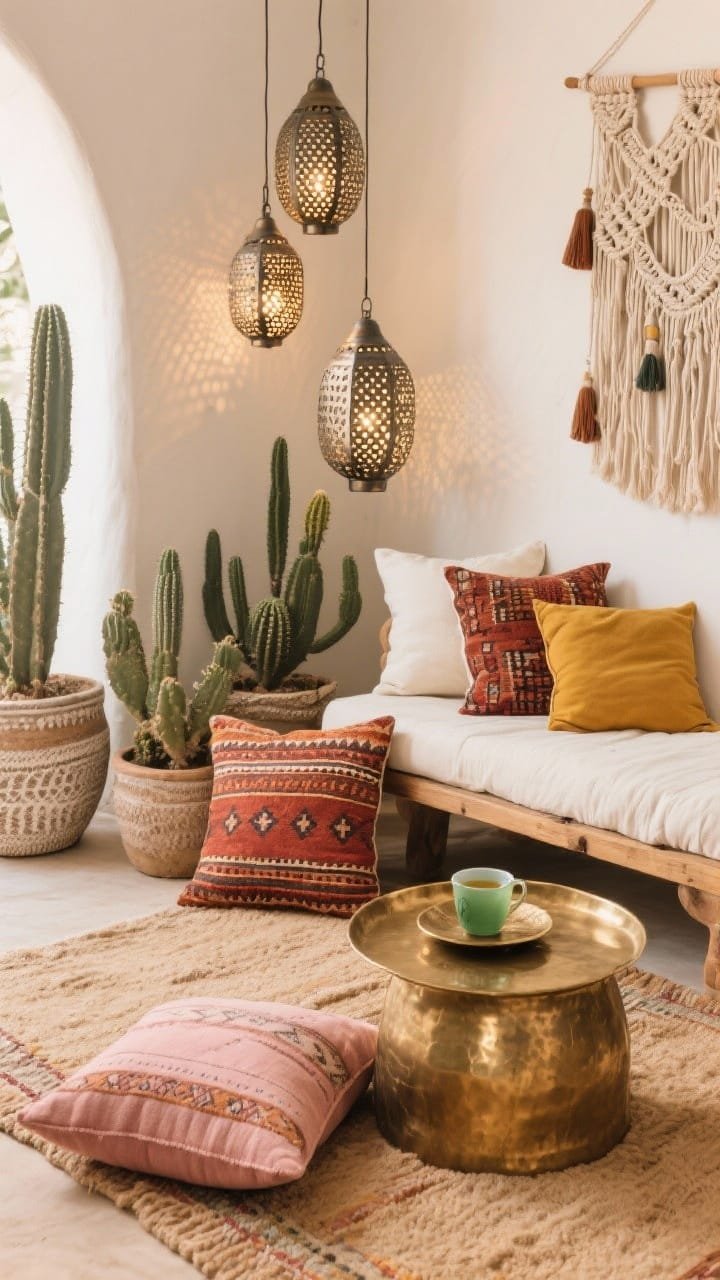 Detail closeup of a boho desert nook: warm sandy rug under layered kilim pillows in rust, mustard, and blush. Low wood daybed with off-white cushions partially visible, hammered brass tray table holding mint tea. Perforated metal lanterns hanging at staggered heights casting patterned light, cactus collection in textured planters, macramé wall hanging and tasseled throws adding softness.