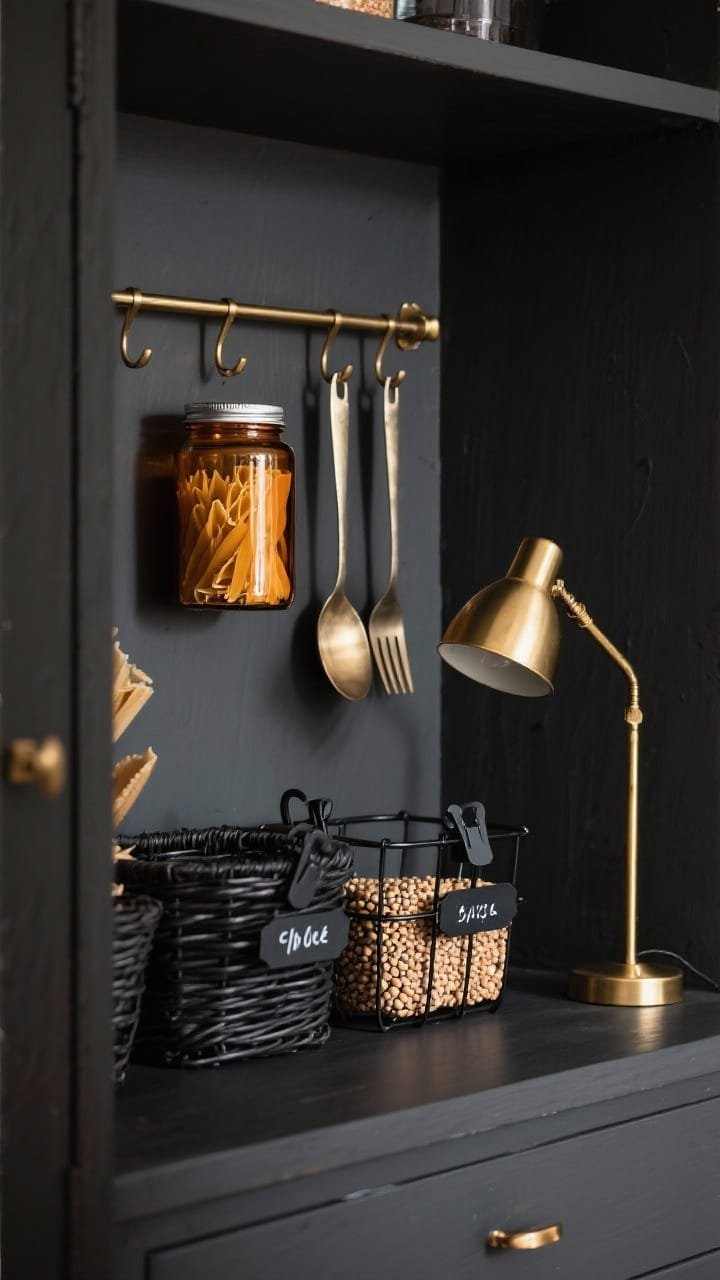 Detail closeup of a moody charcoal pantry vignette: charcoal-painted back wall with brushed-brass stick-on hooks holding lightweight utensils, amber glass jars filled with pasta and lentils, black metal label clips on dark baskets, and a small brass-accented task light creating dramatic shadows; palette of charcoal, brass, and warm amber with luxe, apothecary vibe.