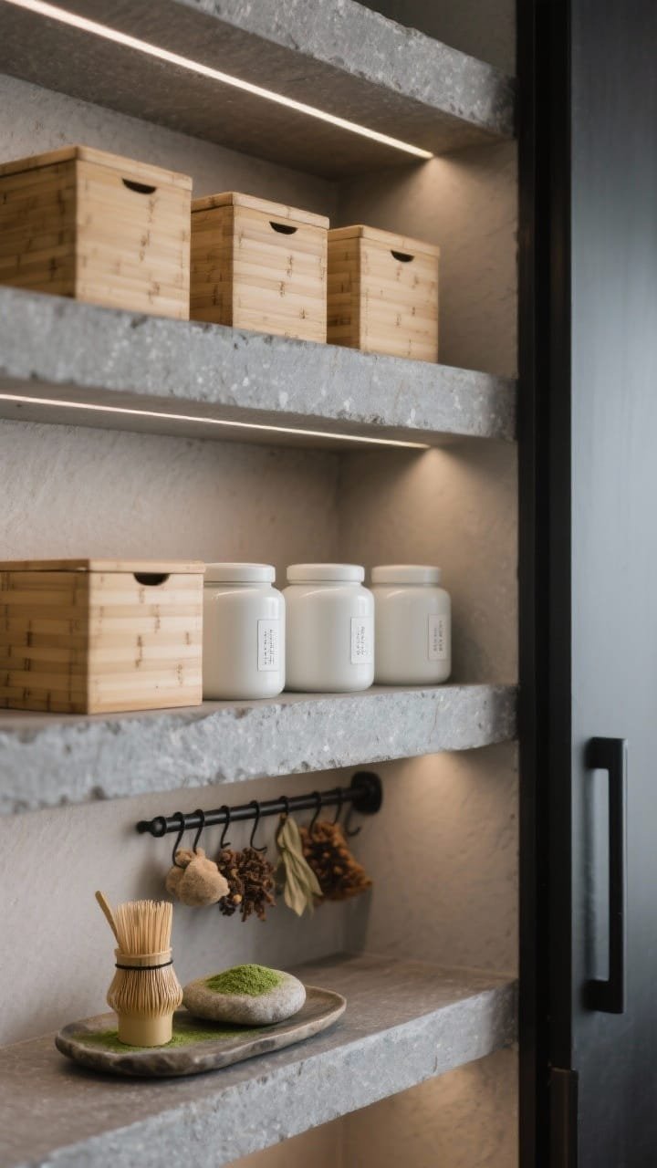 Detail closeup of a serene Japandi pantry shelf: stone-gray shelves with matte texture, bamboo boxes aligned precisely, matte-white jars with minimal centered text labels, and a slim matte-black door-mounted rack holding teas and spices; a small river-stone tray with matcha tools on the shelf, soft diffused lighting for a calm, balanced look.