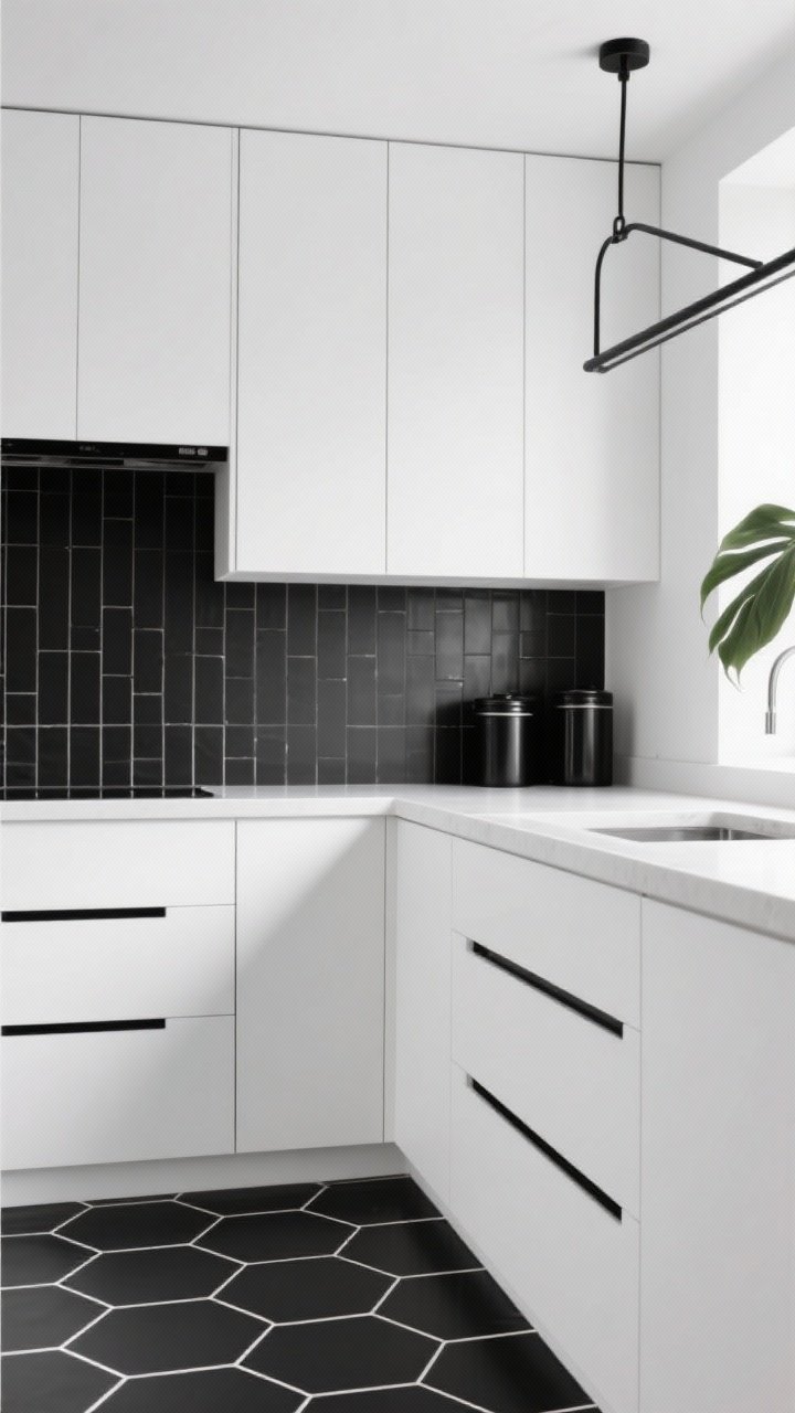 Detail closeup — Sleek Black-and-White Minimalist textures: glossy white vertical stack backsplash tiles meeting pure white flat-panel cabinetry with slim black edge pulls, foreground shows peel-and-stick black hex floor tiles with crisp grout lines, a linear black metal pendant partially visible above; ultra-clean lines, labeled black canisters on a pristine countertop, a single architectural plant leaf edge entering frame, high-contrast, soft even lighting, photorealistic, no people.