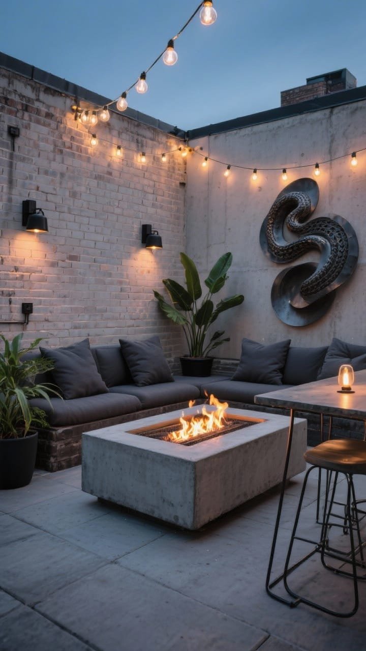 Evening medium shot of an industrial rooftop terrace: concrete sectional with charcoal cushions facing a rectangular low-profile gas fire pit with flames. Matte-black wall sconces on concrete/brick surface, bar-height table on hairpin legs, Edison-bulb string lights looped overhead. Potted snake plants and a large-scale metal art piece add bold, urban edge.