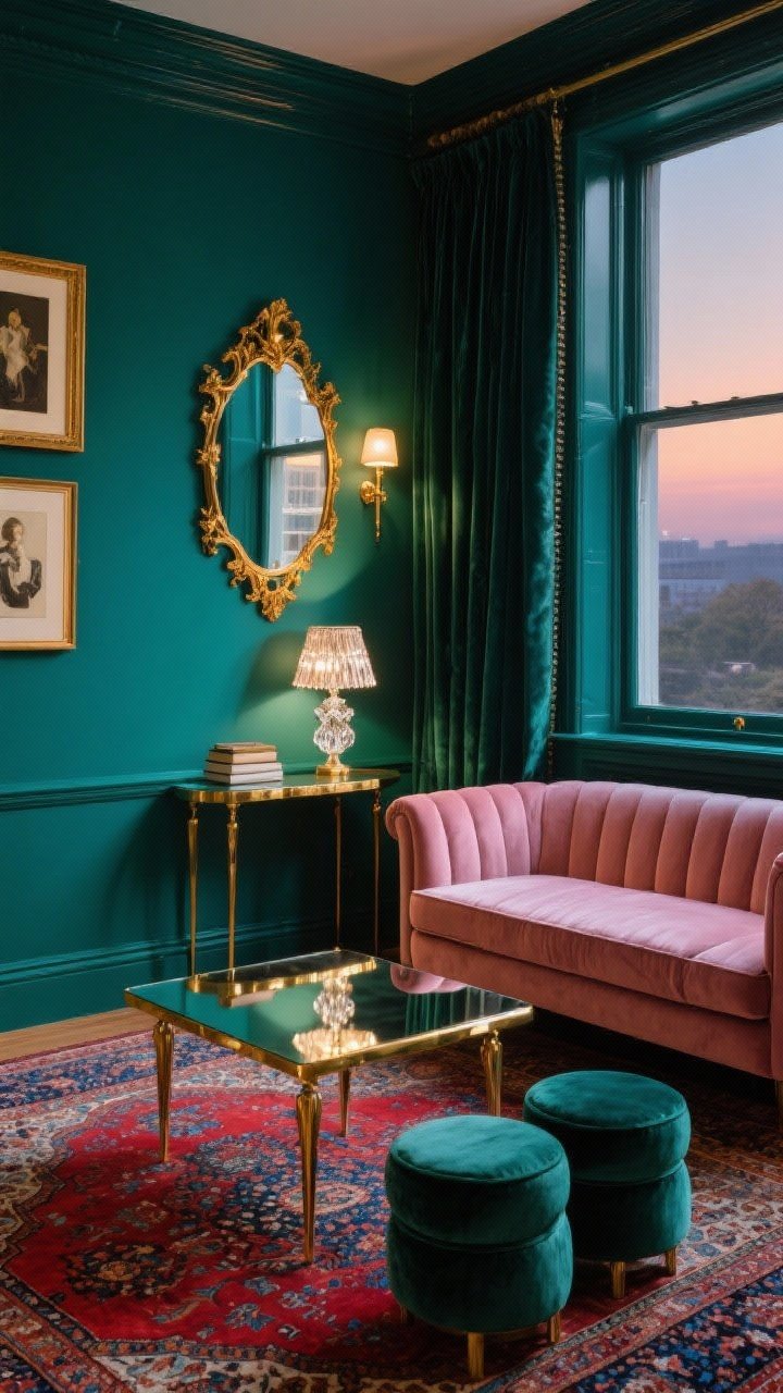 Medium corner angle: A jewel-box glam tiny lounge painted in deep peacock green with a petite dusty-rose velvet loveseat. In front sits a brass-and-glass coffee table with slim legs, reflecting a gilded antique brass mirror on the wall. A Persian-style rug with rich reds and indigo anchors the space; velvet curtains frame the window. A narrow console holds a crystal-accented table lamp; a hardwired picture light illuminates stacked salon-style art. Nesting ottomans peek from under the table. Reflective surfaces bounce warm evening light. Photorealistic, moody glow, scaled and leggy furniture to feel airy.