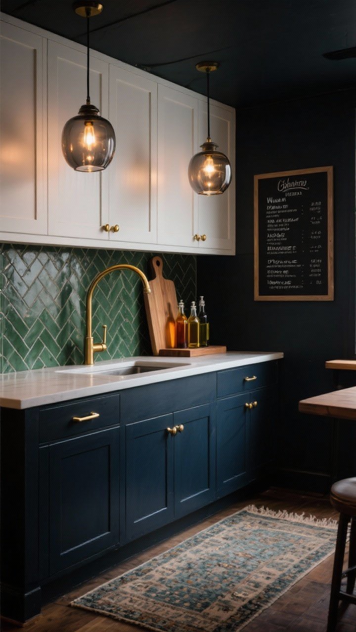 Medium shot from a corner angle — Moody Modern Bistro: lower cabinets in charcoal navy, uppers white, brushed brass bar pulls, brass gooseneck faucet, deep-green peel-and-stick herringbone backsplash, two smoked-glass pendants casting warm glow, styled butcher-block board with amber glass bottles for olive oil, vintage-look rug underfoot, black framed menu board with handwritten weekly dinners; dramatic yet cozy, low warm lighting, photorealistic, no people.