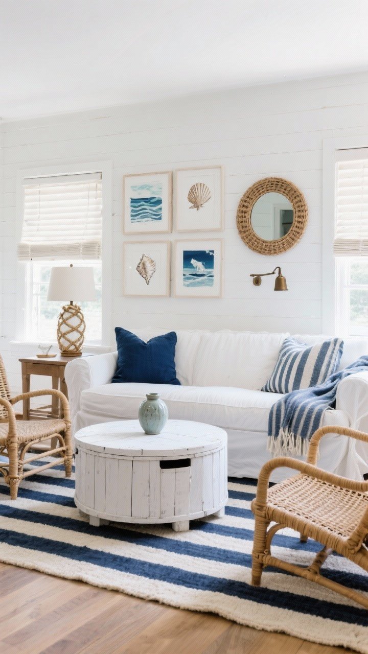 Medium shot, straight-on: Coastal crisp cottage living room with soft cloud white walls and a striped navy-and-cream rug defining the seating zone. A slim bright-white slipcovered loveseat (washable fabric) faces a round whitewashed drum table that doubles as storage. Two rattan accent chairs that can stack or tuck flank the rug. On the wall above the sofa, a coastal gallery of seashell sketches, ocean abstracts, and a woven mirror. Roman shades on windows, rope-wrapped table lamp on a side surface, simple bronze picture light above art. Indigo pillows, a striped throw, and a glazed ceramic ginger jar add accents. Photorealistic, breezy daylight, crisp and cheerful.