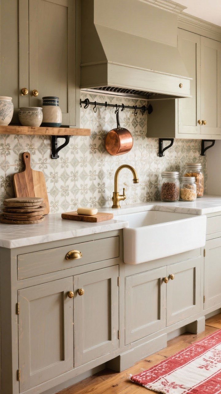 Medium shot — Warm Vintage Farmhouse Remix vignette: warm greige cabinets with antique brass cup pulls, peel-and-stick patterned tile focal area under the range hood, single pine open shelf with black brackets displaying stoneware and a copper piece, brass bridge-style faucet at apron-front sink, wood riser with soap, stacked cutting boards, mason jars of pantry staples, red-and-cream vintage-look runner on wood floors, wrought-iron pot rail with one hanging copper pan; cozy, timeworn warmth, afternoon light, photorealistic.