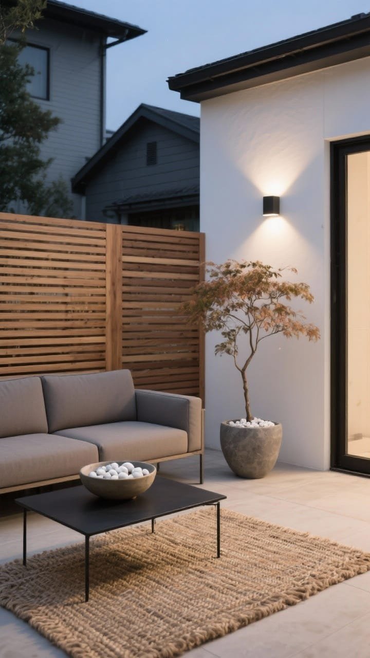Medium, straight-on view of a serene Japandi terrace: horizontal cedar slat privacy walls, a low-profile modular sofa in warm gray, slim black steel coffee table. Quiet palette in sand, charcoal, and white. A zen corner with a shallow ceramic bowl filled with white pebbles, a woven jute-look outdoor rug, a sculptural maple in a matte stone pot. Minimal up-down wall lights casting a calm, even glow after dark.