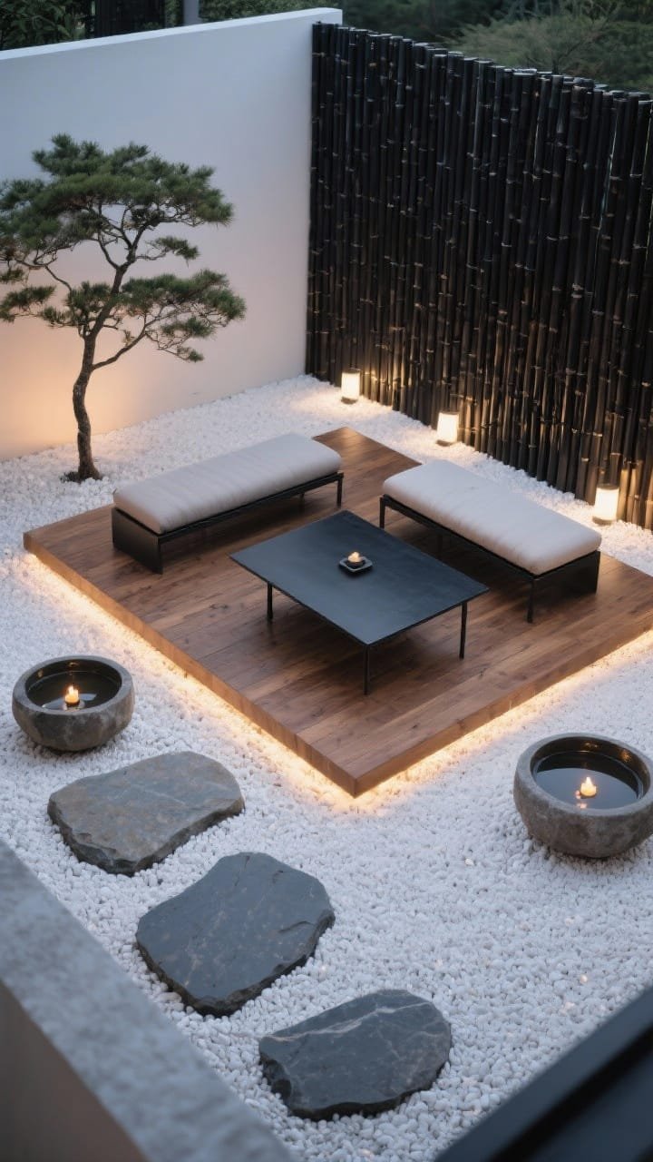 Minimalist zen wide shot from overhead angle: low ipe wood platform with a single cushioned bench and a rectangular black steel table. Surrounding fine white gravel with large stepping stones creating graphic contrast. Two stone basins with water and floating tea lights, single Japanese maple, black bamboo screens at the edge, hidden ground spotlights producing a tranquil nighttime glow.