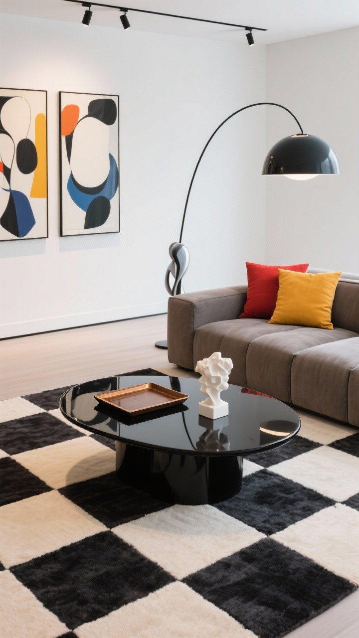 Overhead detail shot: Modern art pop coffee-table scene on a cream-and-charcoal checkerboard rug. A black oval coffee table holds a glossy lacquer tray, a resin sculpture, and bold color-block pillows visible at the edge from a warm gray modular sofa with a reversible chaise. Background hints of gallery-white walls with a large-scale abstract triptych partially in frame. A sculptural arc floor lamp with a domed shade curves into the composition, while slim track spots aim at the art. Photorealistic, clean museum-like lighting, high contrast graphics.