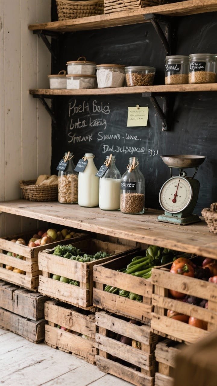 Overhead detail shot of a rustic market pantry setup: unfinished wooden crates stacked on the lower shelf holding produce, a panel painted with chalkboard paint featuring handwritten memos, glass milk-bottle-style containers filled with baking staples labeled with clip-on chalk tags, and a small vintage-style scale nearby; natural wood and black tones with tactile, market-stall textures.