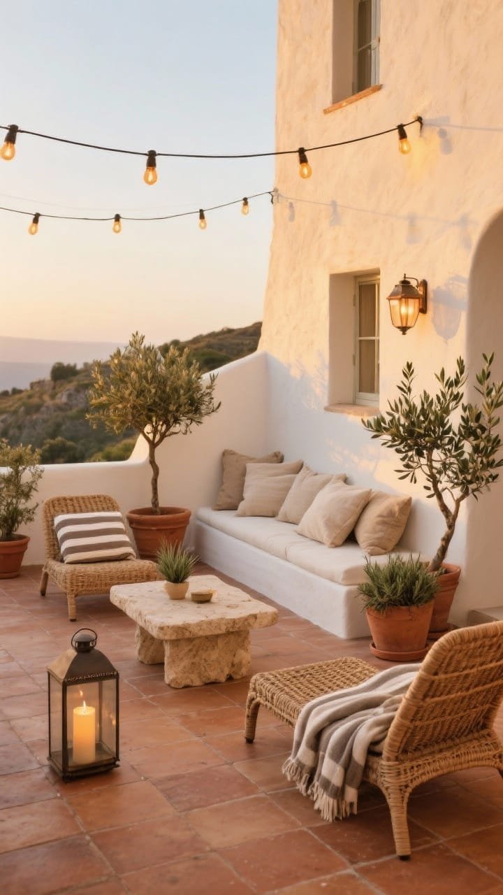 Photorealistic wide shot of a Mediterranean terrace at golden hour: clay-toned floor tiles, pale stucco walls, a low white built-in bench with layered natural linen cushions, two woven rattan loungers, and a chunky travertine coffee table. Corners dotted with potted olive trees and rosemary, terracotta planters, striped outdoor throws, and an oversized lantern with a pillar candle. Soft amber bistro string lights overhead create a warm glow, no people.