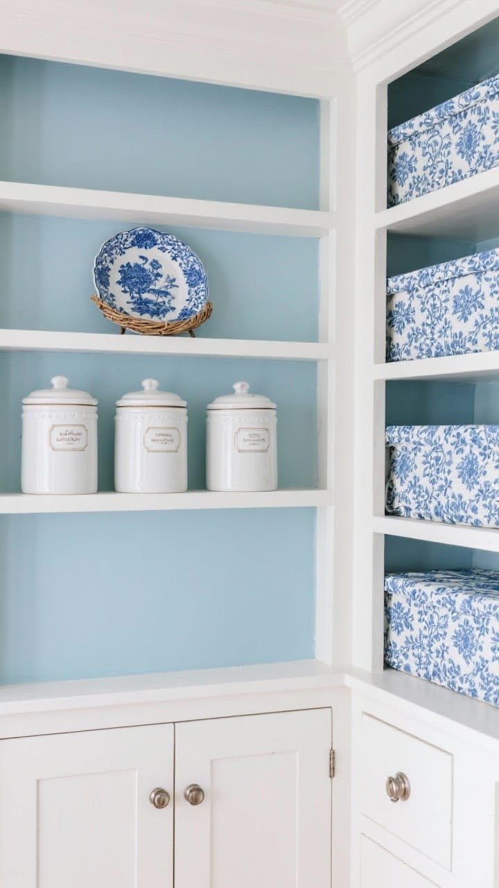 Straight-on medium shot of a classic blue-and-white pantry: pale blue back wall with crisp white trim, blue-and-white patterned shelf liners reminiscent of china, lightweight ceramic-look canisters with neat labels, and brushed nickel pulls on a small drawer; a mini blue willow plate propped as decor on an upper shelf, soft, elegant lighting.