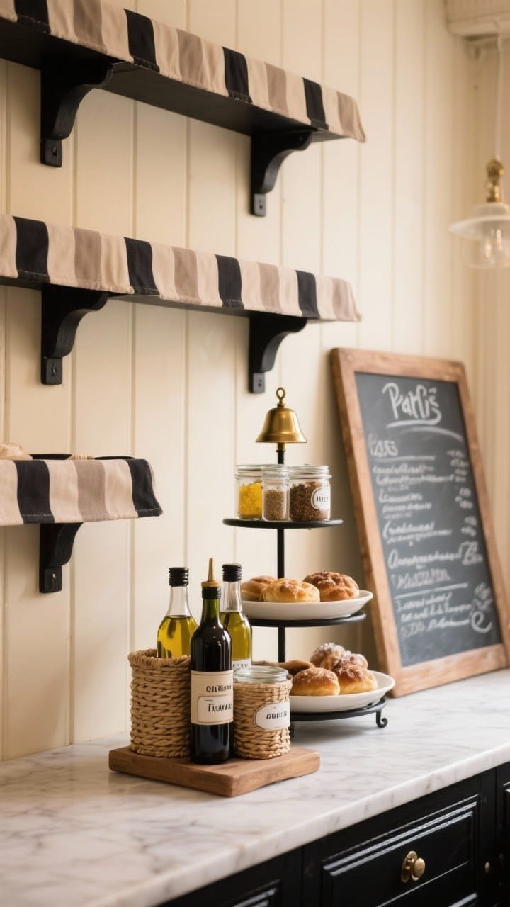 Straight-on medium shot of a Parisian bistro-inspired pantry: creamy backdrop with black-painted shelf edges, striped fabric shelf liners in soft taupe and black, a small tiered stand presenting labeled spice jars like pastries, woven bottle holders corralling oils, and a chalkboard menu board leaning on the side; subtle, warm café ambiance and a small brass bell accent.