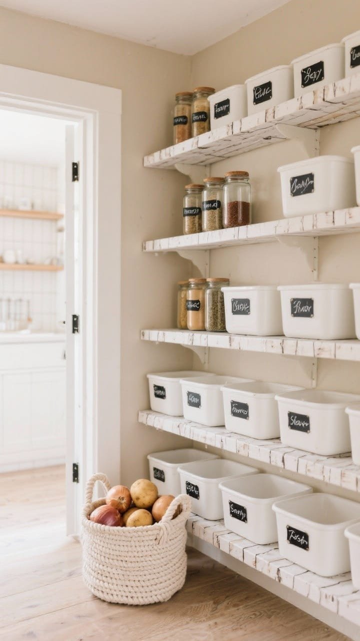 Straight-on medium shot of a Scandinavian-inspired pantry: shelves wrapped in peel-and-stick birch contact paper, ivory storage bins aligned symmetrically, a soft warm beige back wall, whitewashed spice racks mounted inside the door with uniform spice jars labeled using neat chalkboard sticker labels; a cotton rope basket on the floor holding potatoes and onions, airy and calm lighting.