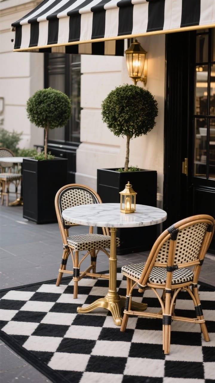 Stylish French bistro scene, straight-on medium shot: black-and-white checkerboard outdoor rug, curved back rattan bistro chairs, round marble-topped café table with slim brass base. Gold lanterns glint softly, pair of small topiaries in urns, crisp black planters. Striped awning fabric overhead providing shade, noir-and-gold hotel-chic ambiance, no people.