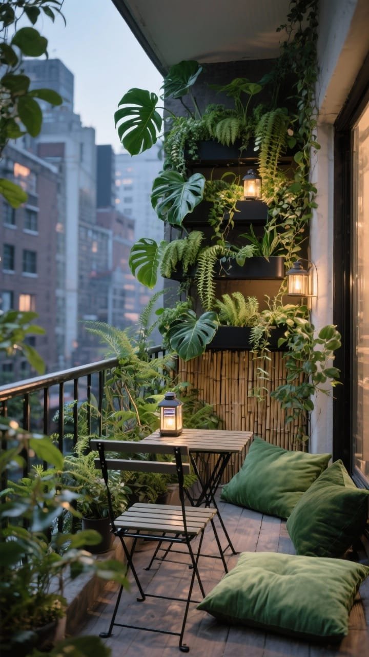 Tight urban balcony wide shot from corner angle: railing lined with tiered plant stands overflowing with monsteras, pothos, ferns, and trailing ivy at varied heights for a lush, overgrown feel. Black metal folding bistro set, bamboo privacy screen, and floor cushions in emerald and moss tones. Solar-powered lanterns tucked into foliage casting leafy shadows in evening light, no people.