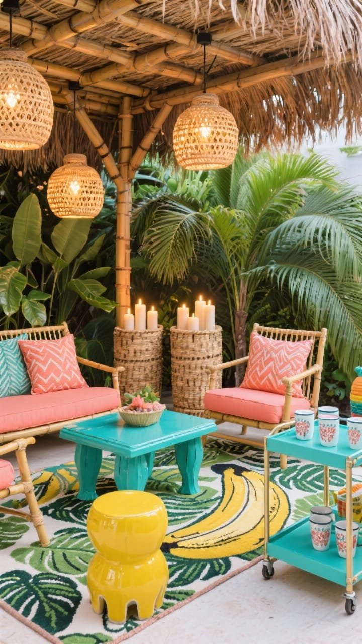 Vibrant medium shot of a tropical tiki lounge: thatched pergola overhead, bamboo chairs with coral cushions, low teal lacquer side table. Banana leaf print outdoor rug, lush palm fronds in tall woven baskets. Woven pendant shades hanging, LED candles tucked behind foliage. Bright ceramic stools in yellow and aqua, compact bar cart with enamelware cups ready for a festive evening.