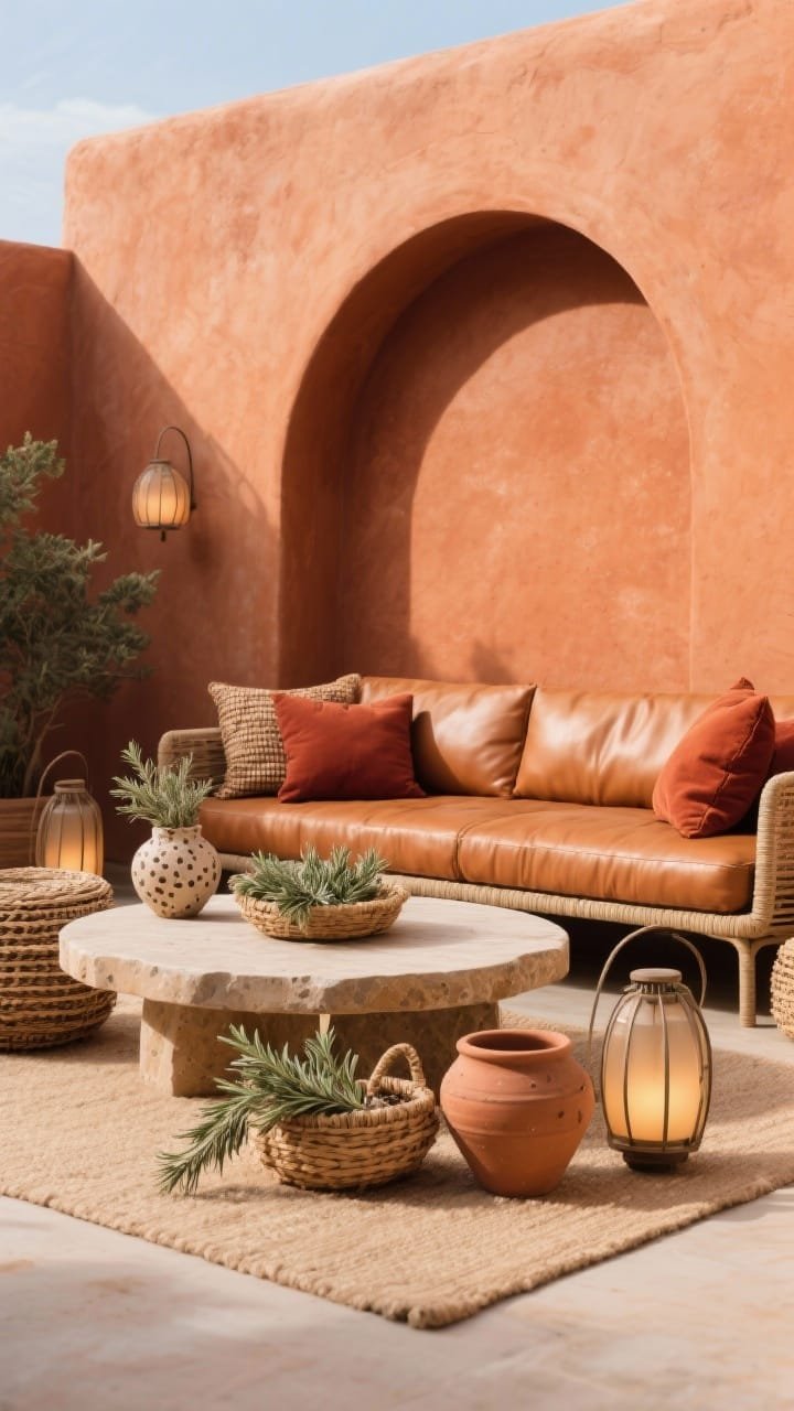 Warm terracotta oasis detail shot: sun-baked terracotta feature wall with a simple arch silhouette in a deeper shade. Caramel leather-look outdoor loveseat and rounded stone coffee table. Layered woven baskets, speckled clay pots, rust-colored throw pillows. Curved lanterns casting soft light onto a sand-toned rug; rosemary and thyme add fragrant, earthy mood.