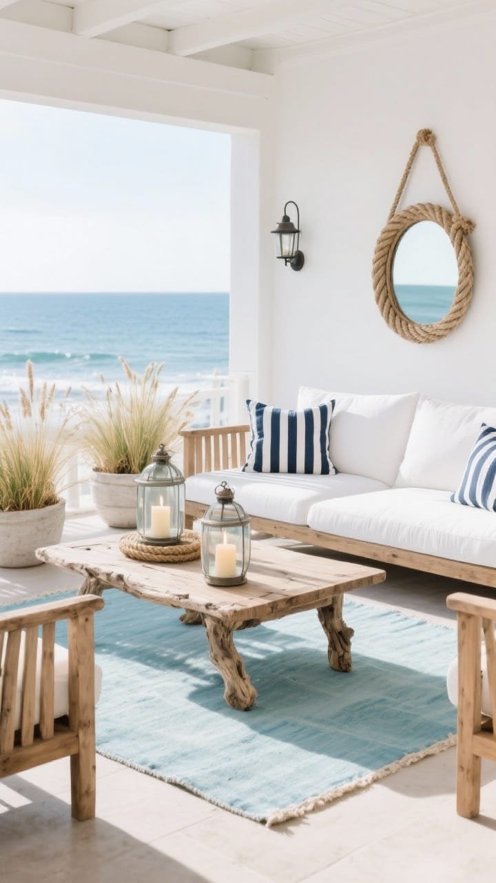 Wide coastal terrace shot with breezy daylight: slatted teak sofa with crisp white cushions, driftwood-style coffee table, and striped navy-and-white pillows. Rope accents visible—a rope mirror and rope-handled lanterns—glass hurricane candles flickering softly. Pale blue outdoor rug and tall grass planters that sway lightly, palette of whites, sea-glass blues, weathered wood.