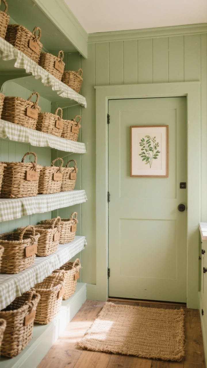 Wide, cozy cottage-style pantry scene: soft sage green painted back wall, shelves lined with cream gingham shelf liners, woven seagrass baskets with wooden labels tied in twine, a framed botanical print mounted on the inside of the pantry door, and a small jute rug softening the floor; warm, natural light emphasizing textures of basket weave and gingham.