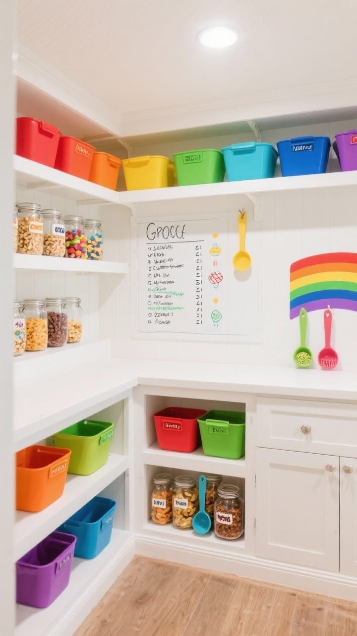 Wide, playful family pantry: white shelves with a bright, organized layout, color-coded bins in rainbow order across shelves (red, orange, yellow, green, blue, purple), a dry-erase decal panel on the back wall with a grocery list, wide clear jars at child height filled with snacks, bold vinyl labels for easy reading, and clip-on scoops for cereal; bright, even lighting and joyful mood.