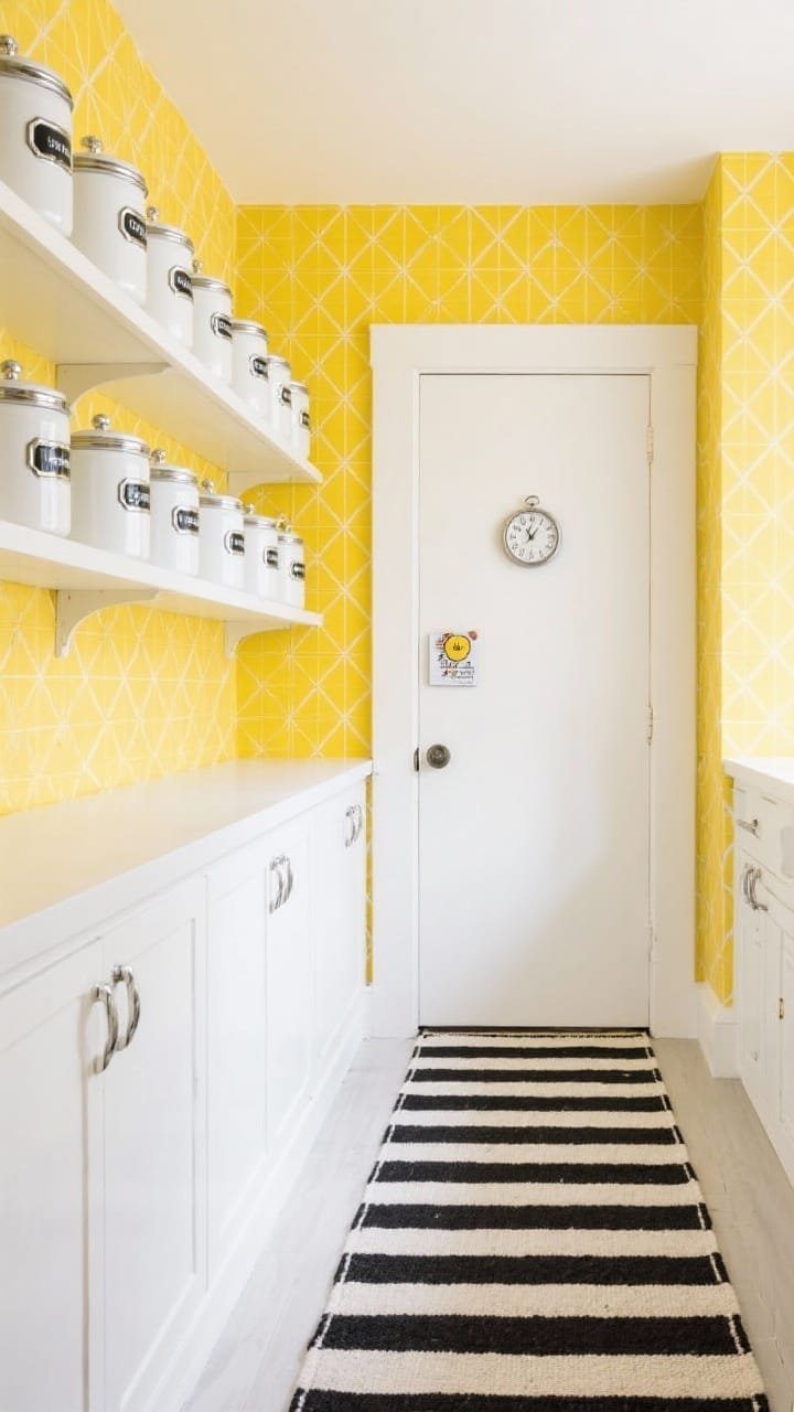 Wide, retro sunshine pantry scene: a bright yellow geometric removable wallpaper on the back panel, white enamel canisters with chrome label frames arranged on clean white shelves, a black-and-white striped runner on the floor for contrast, and a small magnetic retro timer or mini clock on the door; cheerful, high-key lighting and a palette of yellow, white, chrome, and black.