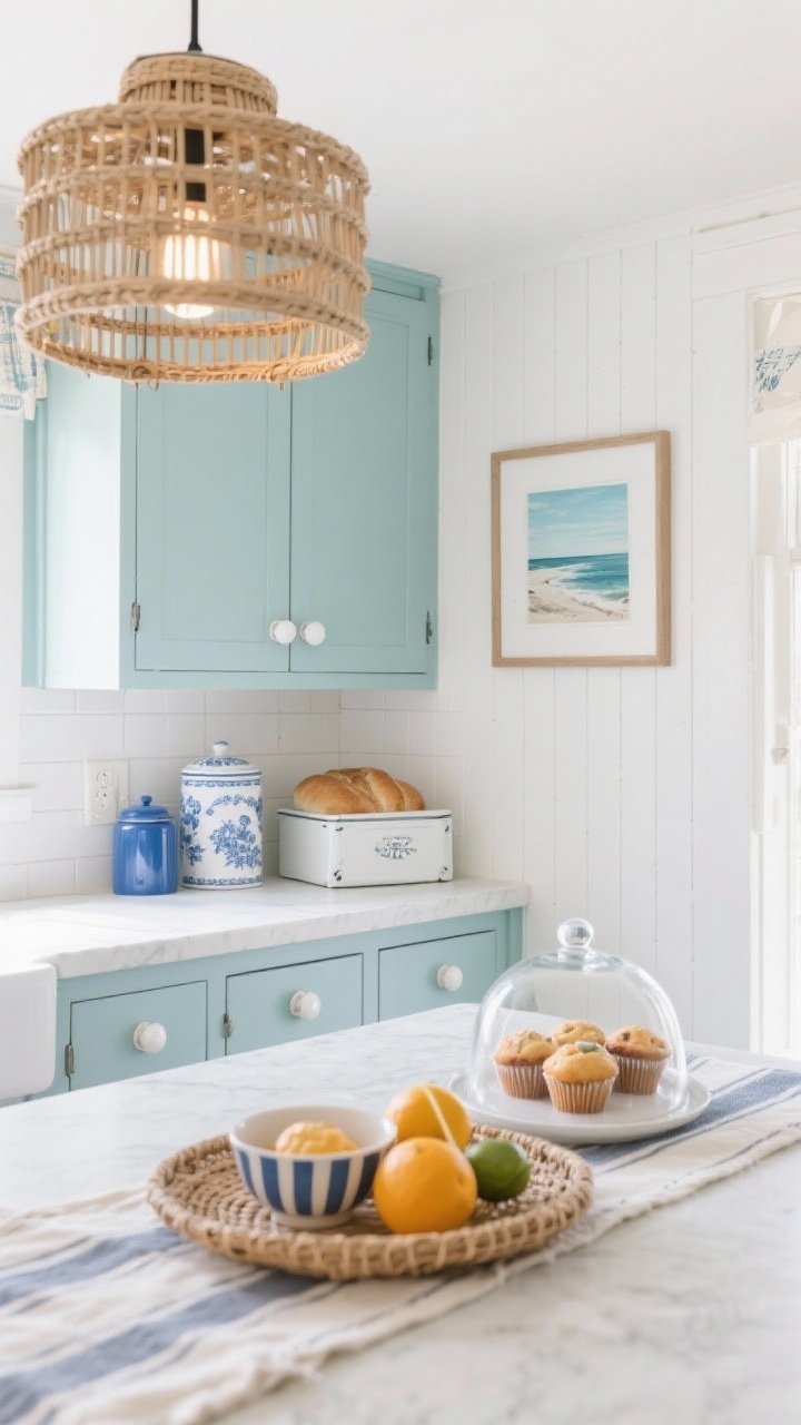 Wide room shot — Fresh Coastal Cottage: cabinets in soft seafoam or powder blue with white ceramic knobs, white beadboard peel-and-stick backsplash, rattan drum pendant for sunny light, woven tray with citrus in a striped bowl and a glass cloche over muffins on the counter, framed coastal print above a coffee nook, vintage blue-and-white canisters, white enamel bread box, cotton runner with coastal stripes; breezy, layered, beachy without kitsch, daylight, photorealistic, straight-on view.