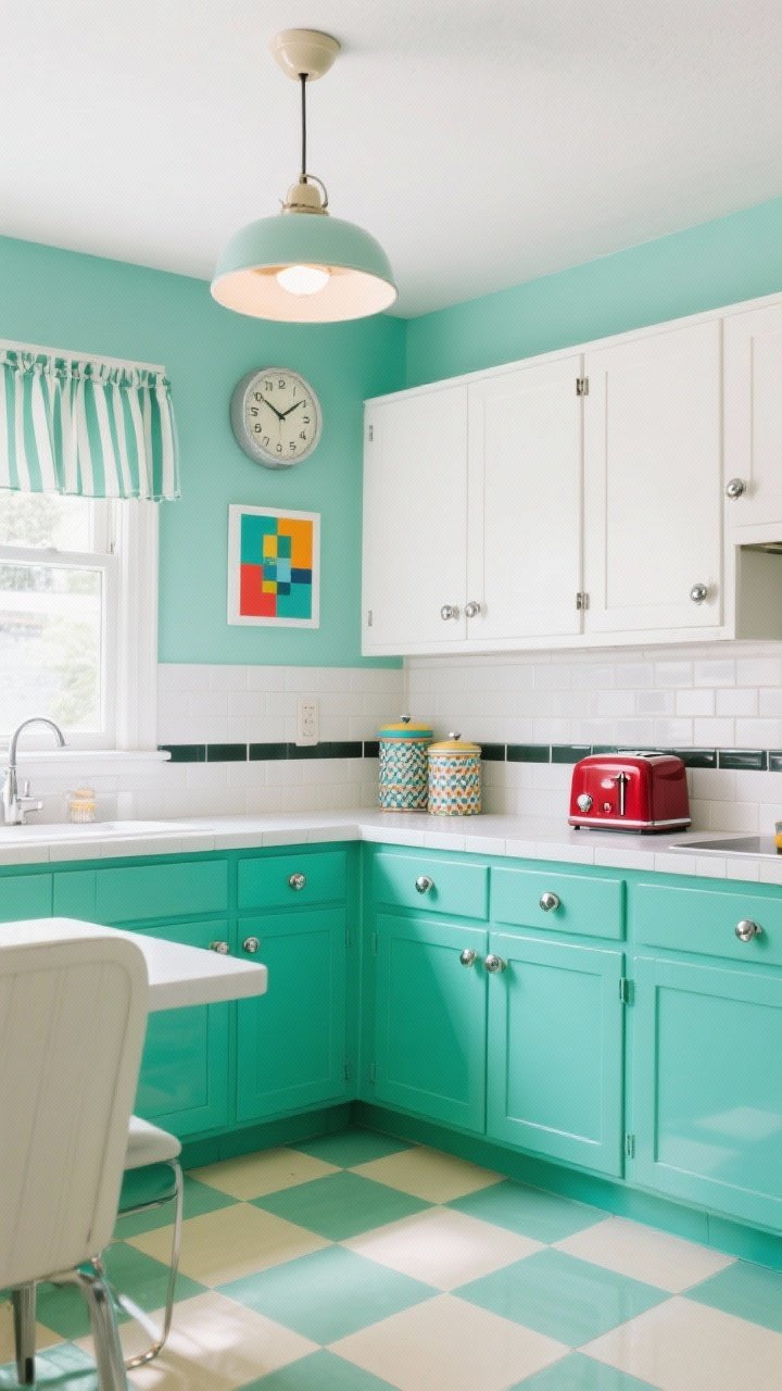 Wide room shot — Playful Color-Pop Retro: lower cabinets painted mint green (uppers crisp white) with chrome mushroom pulls, checkerboard peel-and-stick floor in sage and cream, white square tile backsplash with contrasting dark grout, schoolhouse globe pendant centered, styled with a red vintage-style toaster, striped café curtains at the window, retro wall clock, patterned canister set on the counter, one bold art print above a breakfast nook; cheerful, glossy, nostalgic, bright even lighting, photorealistic, straight-on.