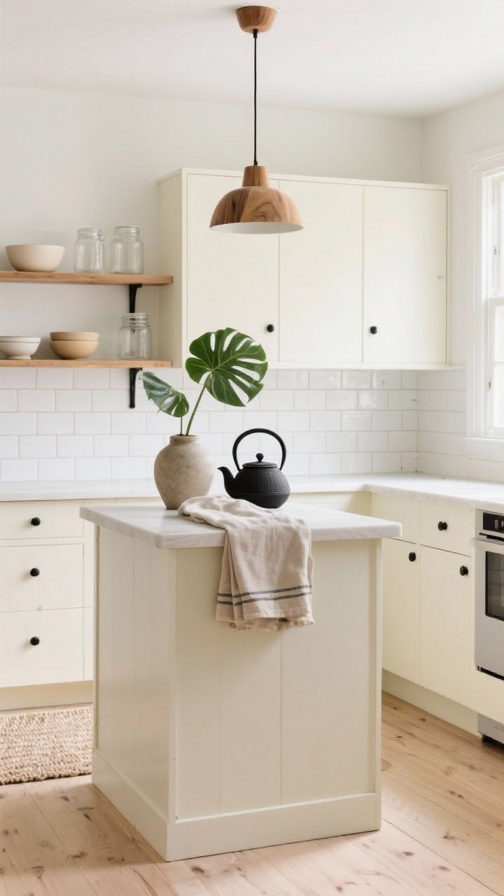 Wide room shot — Soft Scandinavian Calm kitchen: pale wood floors, buttery off-white cabinet paint with matte black pulls, white peel-and-stick subway tile backsplash, oak pendant above a small island, open shelves holding simple ceramics (oatmeal bowls, clear glass jars) with one black teapot as a focal point, a single fiddle-leaf cutting in a stoneware vase on uncluttered counters, layered linen tea towels and a neutral woven runner; clean lines, airy brightness, gentle contrast, natural daylight, photorealistic, no people, straight-on view.