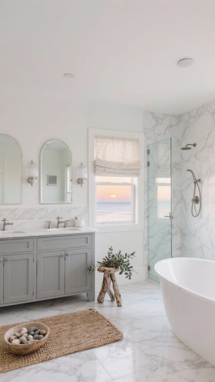 Wide shot: A serene coastal-inspired bathroom at sunrise with soft white marble floors and shower walls featuring delicate grey veining, brushed nickel fixtures throughout, a cloud-gray Shaker vanity with a white quartz top, twin arched mirrors flanked by fluted glass sconces, a frameless glass shower, and a freestanding oval tub. Style with a driftwood stool holding an eucalyptus bundle, woven bath mat, linen Roman shade over the window, and a bowl of smooth beach pebbles. Palette: white, sea-glass gray, brushed nickel. Soft natural lighting, airy, hotel-spa calm, photorealistic.
