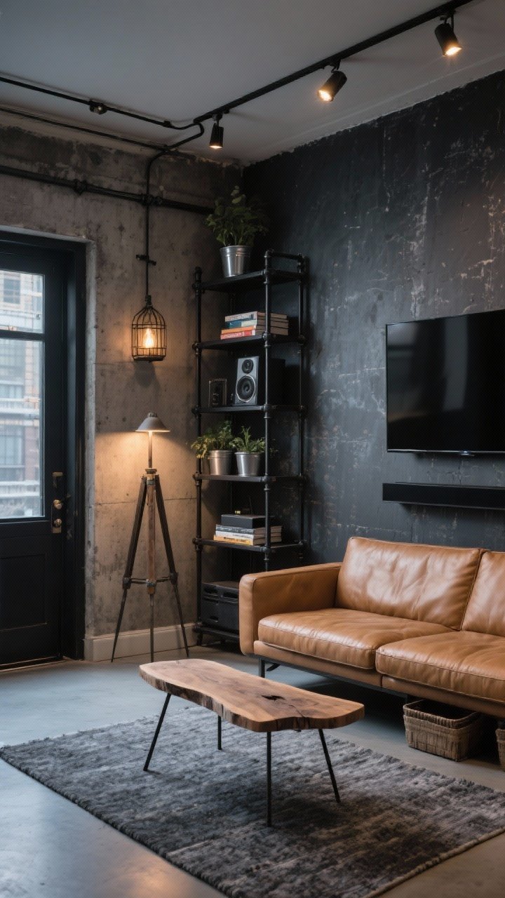 Wide shot, slight diagonal from doorway: Urban industrial nook with a charcoal accent wall behind a slim camel leather sofa. A black metal pipe shelving unit climbs vertically holding books, speakers, and metal planters. Concrete-look peel-and-stick wallpaper texture on the adjacent wall; graphite flatweave rug under a compact live-edge coffee table with hairpin legs. Lighting layered with track lights on ceiling, an industrial cage sconce on wall, and a vintage-inspired tripod floor lamp casting moody pools. Wall-mounted frame TV above a simple black media ledge; under-sofa slide bins hinted at beneath. Photorealistic, evening urban ambience with subtle Edison bulb warmth.