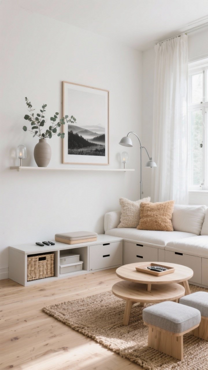 Wide shot, straight-on: A Nordic lightbox small living room with soft white walls, pale oak floors, and an ivory storage sofa with discreet drawers under the seat. A slim wall-mounted media shelf floats across one wall, styled with a matte ceramic vase holding eucalyptus and an oversized black-and-white landscape print above. Palette in oat, sand, and misty gray. Light wood nesting coffee tables partially fanned out on a woven jute rug; bouclé accent pillows in warm beige on the sofa. Sheer linen curtains hung high and wide over tall windows. Brushed nickel slim arc floor lamp and frosted glass sconces provide gentle ambient lighting. Hidden baskets under a console, a lidded tray for remotes, and a small storage ottoman nearby. Photorealistic, bright natural morning light, minimal yet warm.