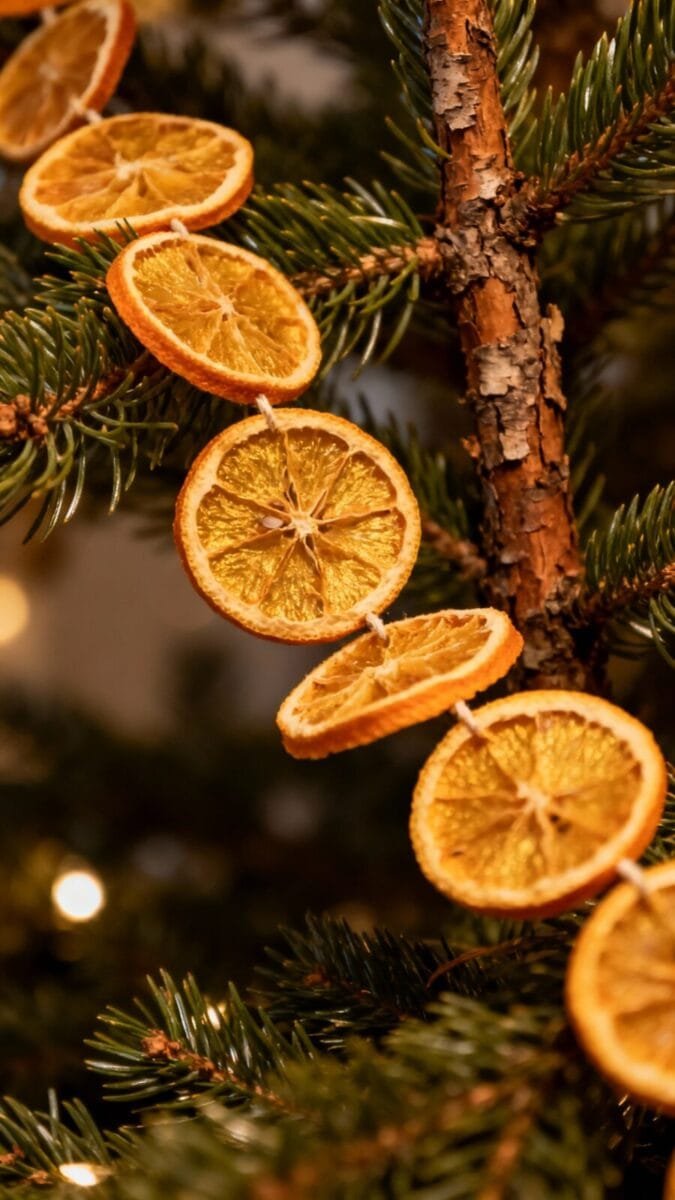 Closeup dried orange slice garland on pine branches, warm lights