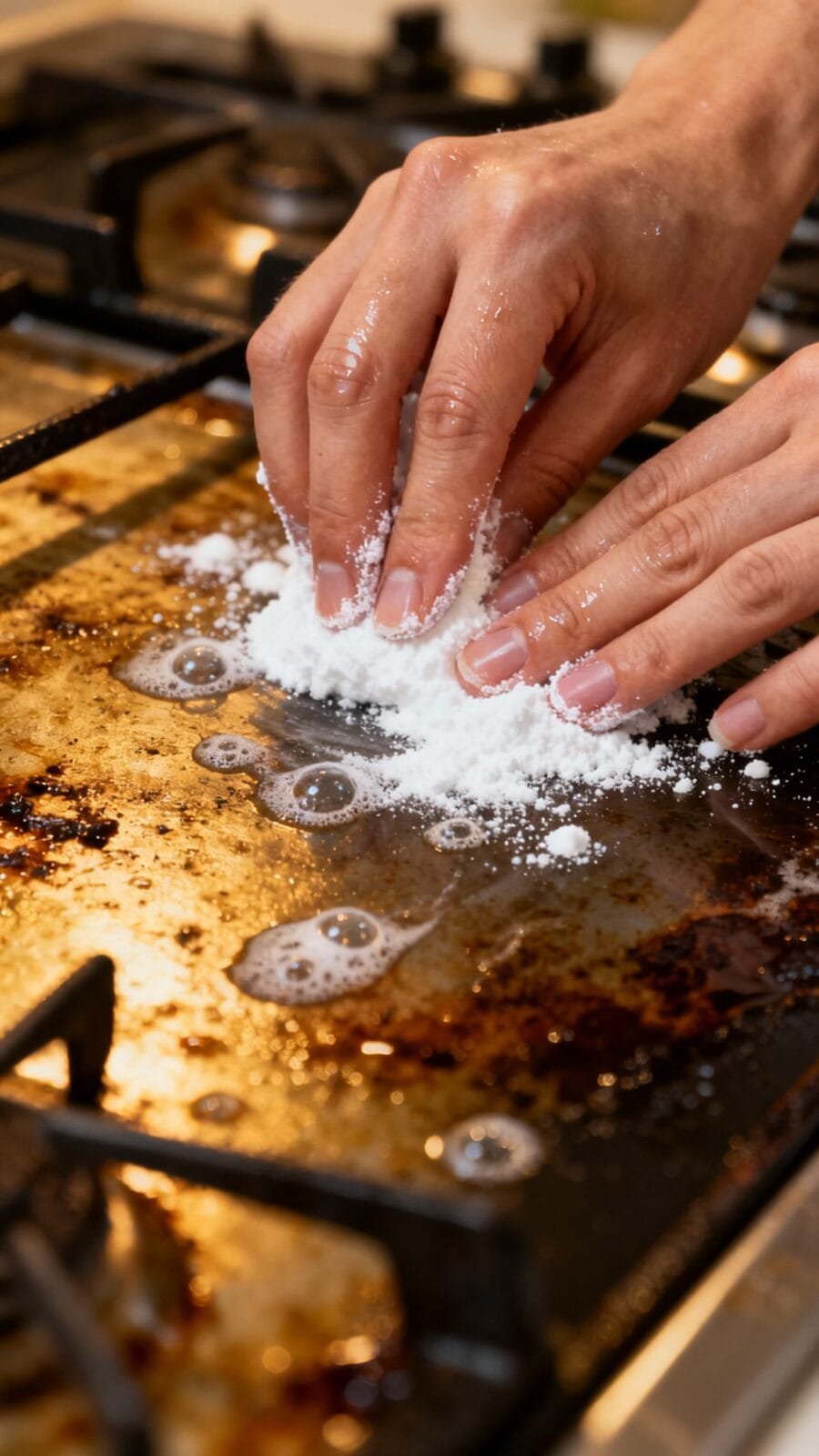 Closeup hands scrubbing greasy stovetop with baking soda fizz