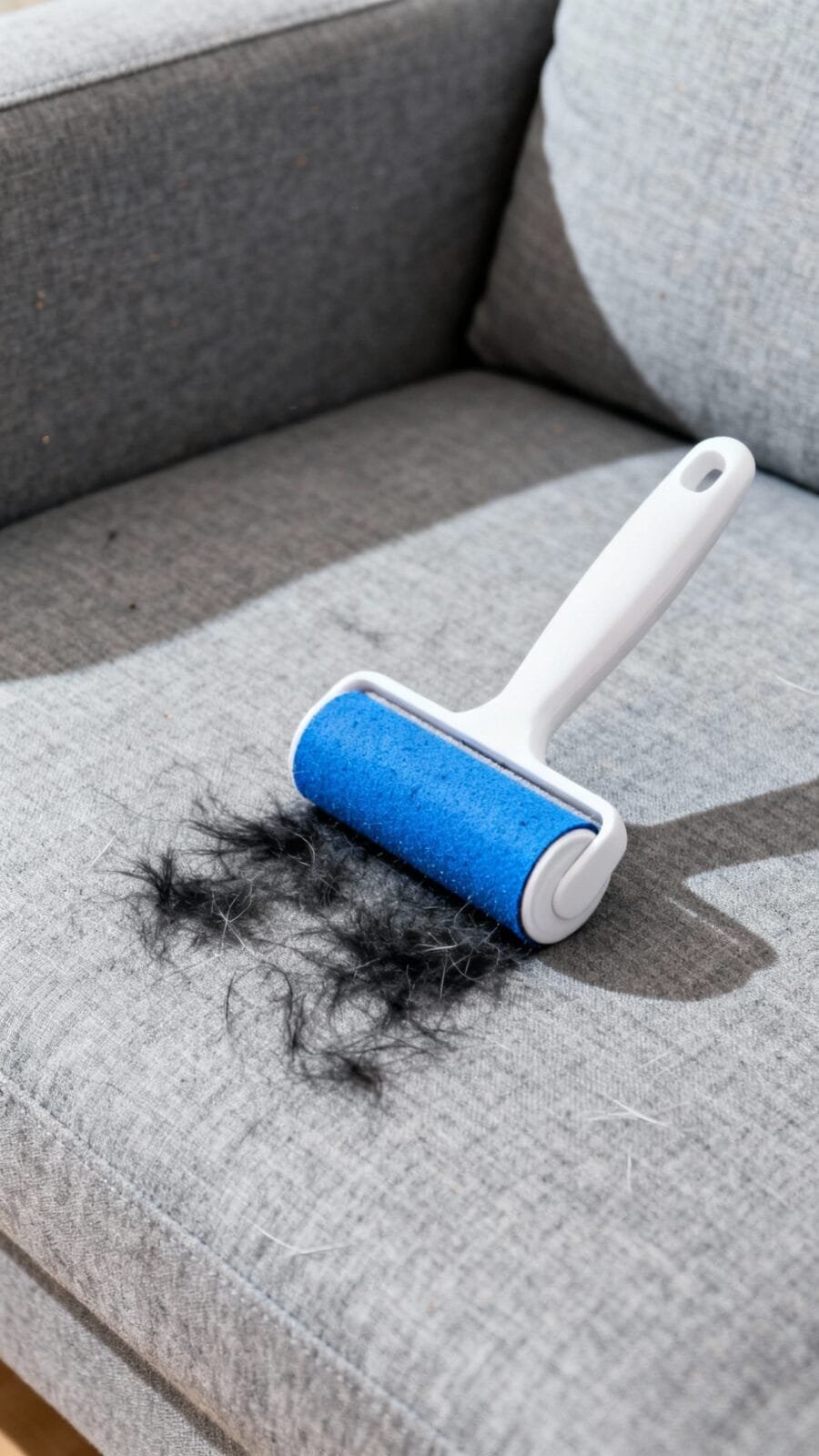 Closeup lint roller removing pet hair from gray fabric sofa cushion