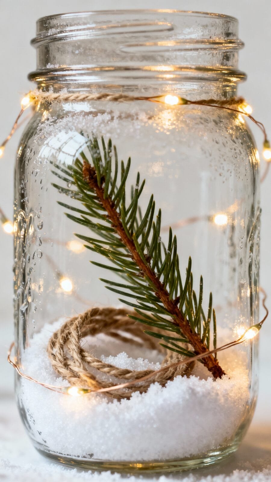 Closeup mason jar with Epsom “snow,” twine, pine sprig, warm fairy lights