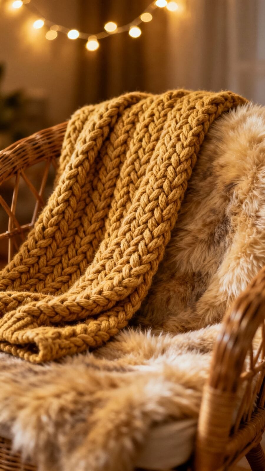 Closeup of chunky knit throw and faux-fur on wicker chair, warm string lights bokeh