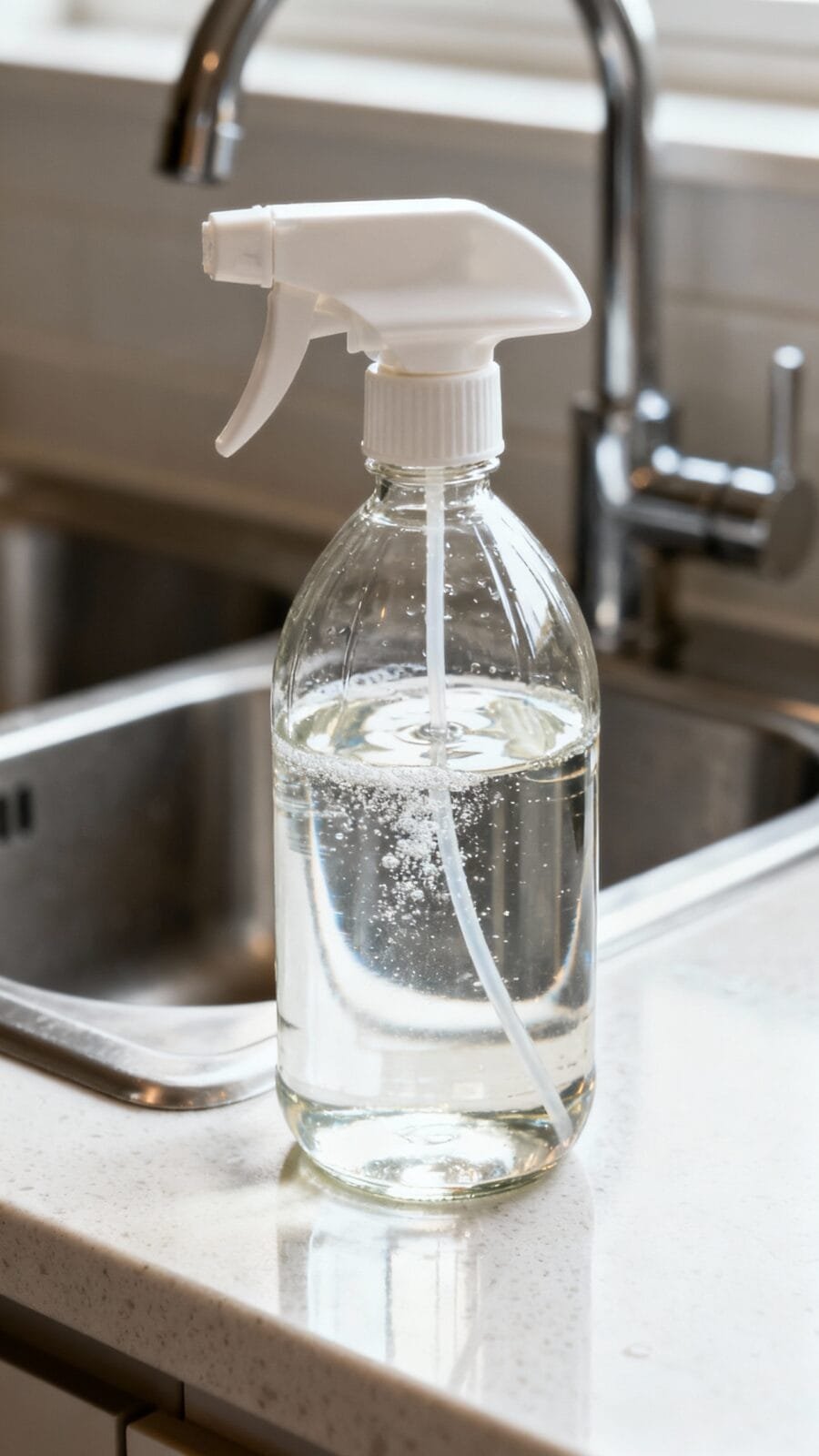 Closeup spray bottle mixing vinegar and water, clear liquid, kitchen countertop, stainless sink back