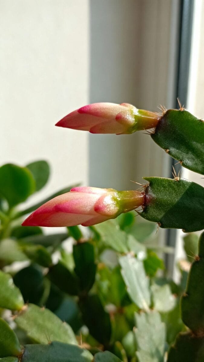 Closeup teardrop buds on Schlumbergera segments, bright indirect window light