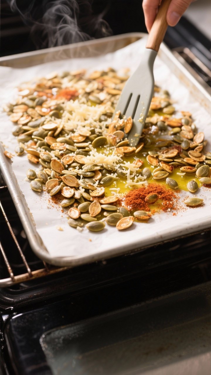 Cooking process: Pumpkin seeds roasting on a parchment-lined sheet pan in the oven at 325°F, evenly