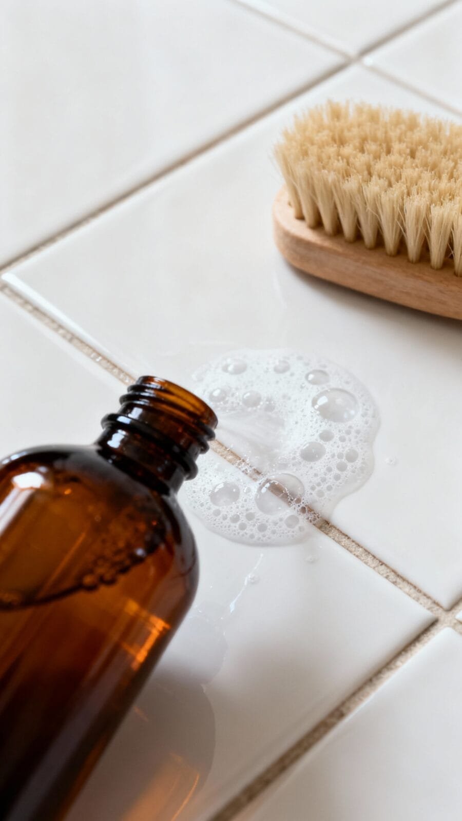 Dark amber bottle spritzing hydrogen peroxide on light grout, bubbling action, white tile, nylon bru