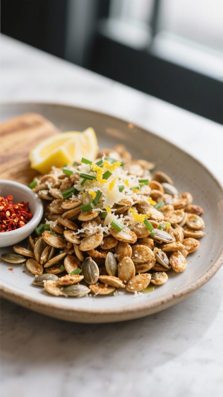 Final dish presentation: Restaurant-quality plating of garlic-Parmesan pumpkin seeds served as a sna