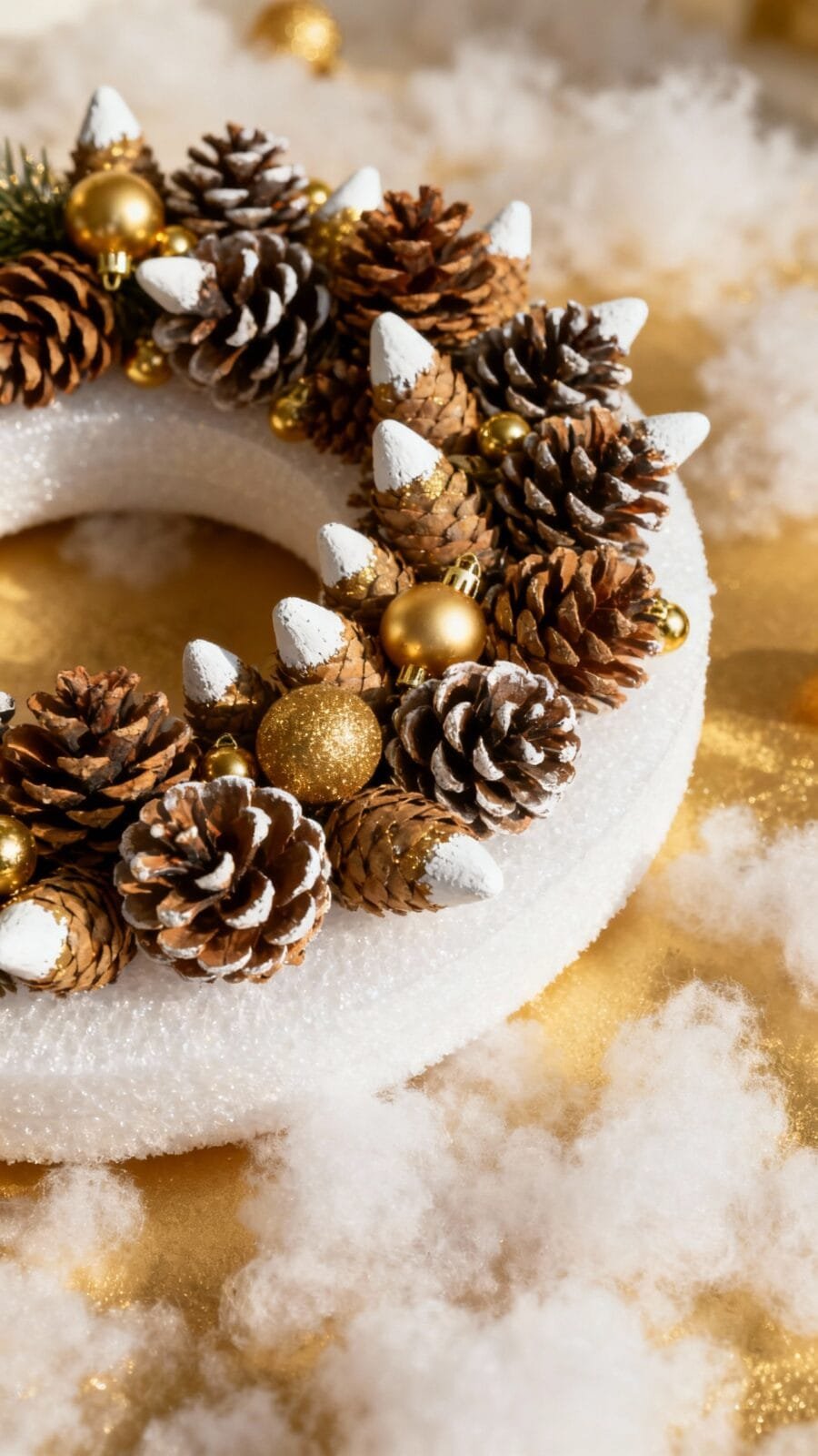 Foam ring covered in mixed pinecones, white-painted tips, tiny gold ornaments
