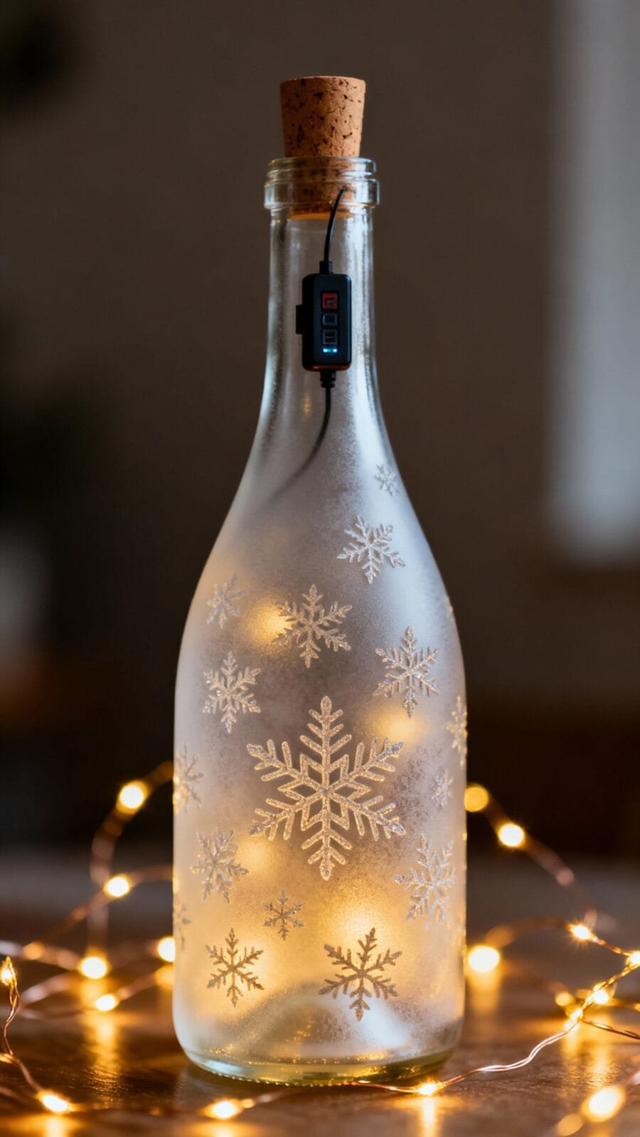 Frosted wine bottle with cork battery pack, etched snowflake, warm micro lights