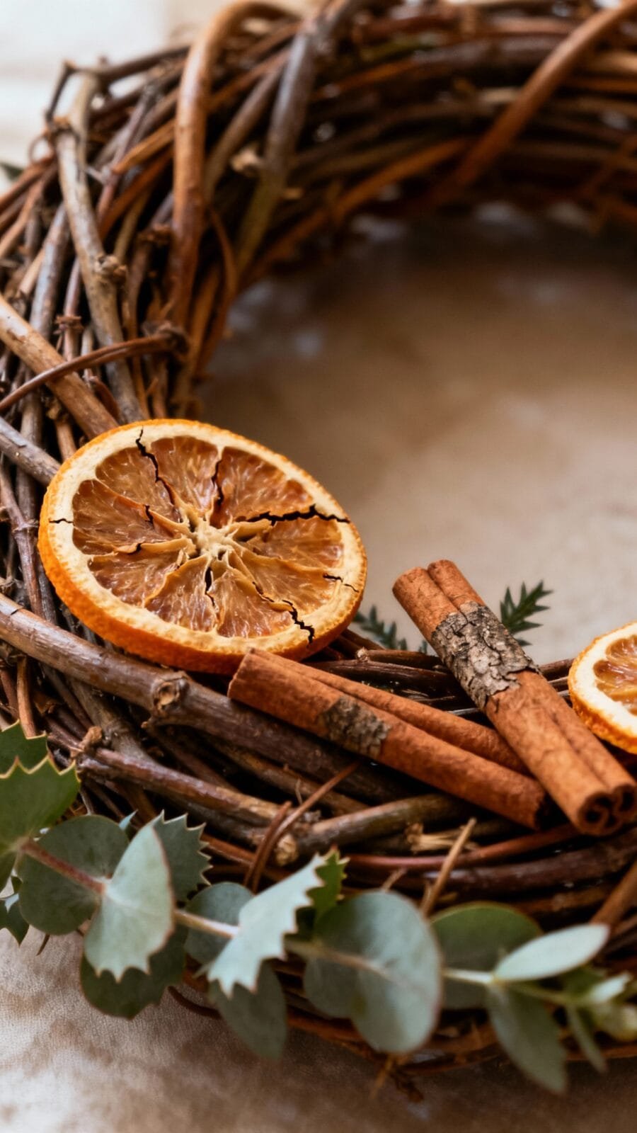 Grapevine wreath detail with dried orange slices, cinnamon sticks, eucalyptus sprigs