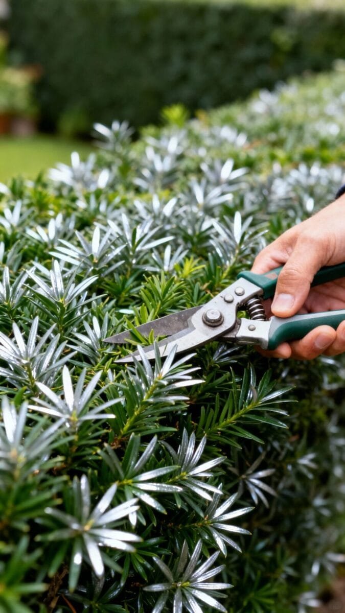 Hand-pruning podocarpus hedge, sharp shears, glossy flat needles