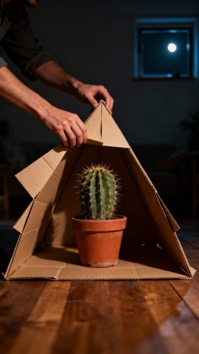 Hands placing cardboard tent over potted cactus at night, dim room