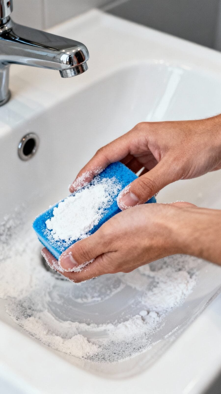 Hands scrubbing white ceramic sink with baking soda paste, gritty texture, blue sponge, chrome fauce